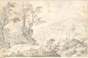 Landschaft mit einer Stadt (Hamburg?) am See oder Meeresblick von Jacob Stockmann
