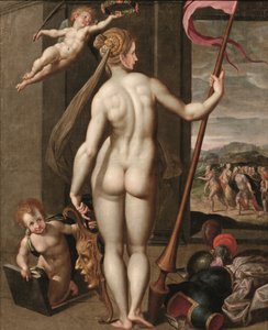 Minerva hält eine Lanze und wird von einem Putto mit Lorbeeren gekrönt von Jacob de (studio of) Backer