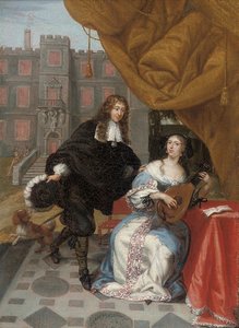 Ein Herr umwirbt eine Dame beim Musizieren in einem Hof, 1668 von Jacob de Fourmentrou