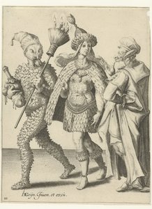 Drei maskierte Figuren, eine davon mit einem Besen, in den Kerzen gesteckt sind von Jacob de Gheyn (II) (workshop of)