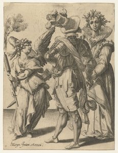 Ein blindfolded Cupido mit einer Fackel vor einem Paar in festlicher Kleidung