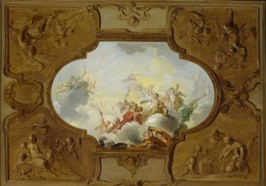 Entwurf für ein Deckenbild mit der Apotheose des Aeneas, in den Ecken die vier Jahreszeiten