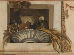 Stillleben mit einer Schale Mais, Artischocken, Trauben und einem Papagei von Jacob van Campen