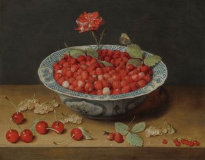 Wilde Erdbeeren und eine Nelke in einer Wan-Li-Schale, ca. 1620