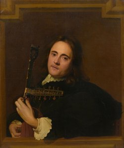 Ein junger Mann an einem Steinfenster spielt eine Theorbo-Laute