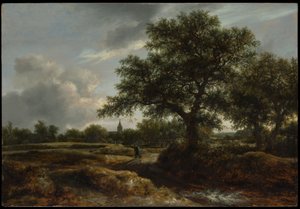 Landschaft mit einem Dorf in der Ferne