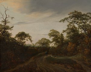Straße durch eine bewaldete Landschaft in der Dämmerung von Jacob van Ruisdael