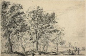 Bewaldete Flusslandschaft mit drei Menschen beim Angeln von Jacob van Ruisdael
