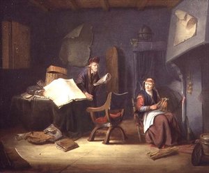 Innenraum mit einem Gelehrten und einer alten Frau beim Spinnen von Jacob van Spreeuwen