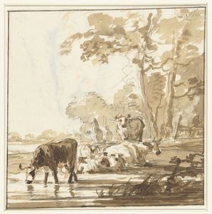 Ruhendes Vieh an einem Waldrand bei einem Teich von Jacob van Strij