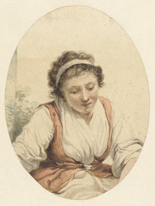 Frau mit roter Weste und weißem Band im Haar