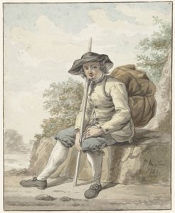 Sitzender Mann mit einem Rucksack und einem Stock von Jacob van Strij
