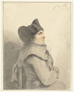 Sitzender Mann mit schwarzem Hut, im Profil, nach rechts