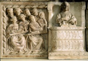 Grabdenkmal von Carlo, Roberto und Riccardo da Saliceto: Studenten, die einem Kurs beiwohnen (Skulptur, ca. 1403)