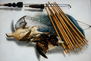 Stillleben mit zwei Wachteln und Jagdzubehör von Jacobus Biltius