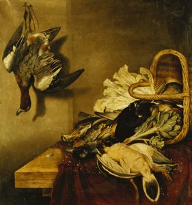 Ein umgestürzter Korb mit Geflügel, ein Hase, eine Artischocke und Salat auf einem mit rotem Tuch bedeckten Sims von Jacobus Biltius