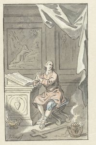 Sitzender Mann mit gefalteten Händen, hinter einer Bibel von Jacobus Buys