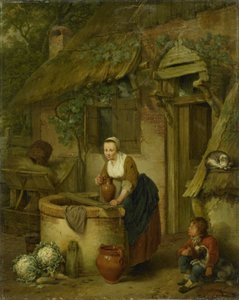 Frau, die Wasser aus einem Brunnen schöpft von Jacobus Johannes Lauwers