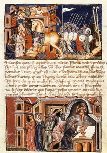 Belagerung und Angriff auf die Stadt Troja, Miniatur aus „Historia destructionis Troiae“ von Guido delle Colone (ca. 1210- ca. 1287) von Jacome Cromberger