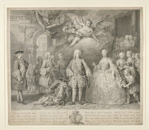 Ferdinand VI. und seine Königin Maria Barbara von Braganza mit Scarlatti und dem berühmten italienischen Kastraten Farinelli