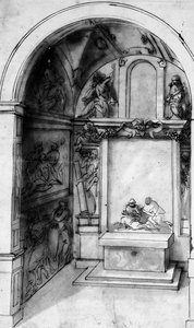Entwurf für eine Kapelle, dekoriert mit Fresken und einem Altar mit einer Beweinung, die Verkündigung darüber