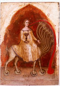 Linkes Panel des Polyptychons der Offenbarung: Das Tier mit sieben Köpfen und die Frau, die darauf sitzt, reiche Prostituierte von Jacopo Alberegno