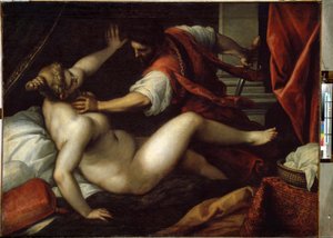 Tarquin und Lucretia. Sextus Tarquinius vergewaltigt Lucretia, ein Ereignis, das den Sturz der Monarchie und den Beginn der Republik im antiken Rom im Jahr 509 v. Chr. zur Folge hatte. Gemälde von Jacopo Palma il Giovane von Jacopo Il Giovane Palma