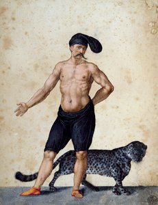 Junger afrikanischer Mann, vorne stehend, halb bekleidet, mit langer Berretta (Mütze) auf dem Kopf, mit Tiger hinter ihm, Zeichnung von Jacopo Ligozzi (1547-1627)