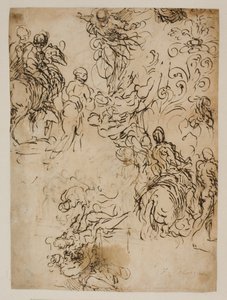 Skizzen für Christus in der Luft schwebend, Reiter, ein sitzendes Paar und ein Blumenornament von Jacopo Palma