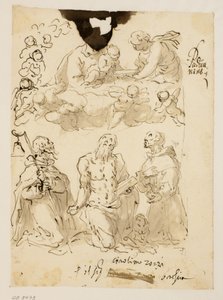 Die Heiligen Antonius, Hieronymus und Bernhard kniend, mit der Jungfrau und dem Jesuskind, umgeben von Engelkindern von Jacopo Palma