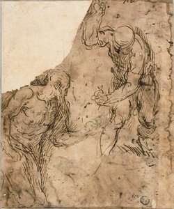 Zwei Skizzen von männlichen Akten, einer kniend, einer stehend (recto); Drei Skizzen: Sitzender männlicher Akt, liegender männlicher Akt, männlicher Kopf im Profil (verso)