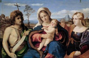 Madonna mit Kind, Johannes dem Täufer und Maria Magdalena, 1520-1523 von Jacopo Palma il Vecchio the Elder