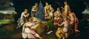 Wettstreit zwischen Musen und Pieriden, von Jacopo Robusti genannt Tintoretto (1519-1594)