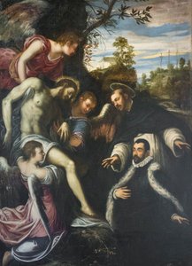 Toter Christus, unterstützt von drei Engeln, St. Dominikus und Spender