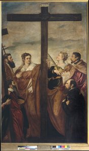 Heilige Helena, Barbara, Andreas, Makarios, ein weiterer Heiliger und ein Gläubiger verehren das Kreuz von Jacopo Robusti Tintoretto