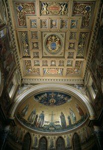 Innenansicht der Apsis der Basilika St. Johannes im Lateran (San Giovanni in Laterano). Mosaik von Jacopo Torriti (aktiv um 1291-14. Jahrhundert) und Jacopo da Camerino (aktiv um 1288-1331), das Jerusalem Celeste darstellt. Rom