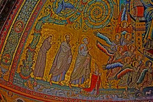 St. Franziskus, St. Paulus, St. Peter, Papst Nikolaus IV. und Engel bei der Krönung der Jungfrau, Apsis, ca. 1290, Mosaik von Jacopo Torriti