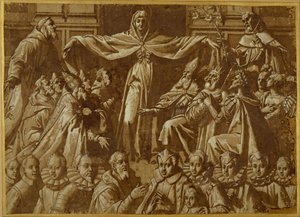 Die Madonna della Misericordia mit den Heiligen Franziskus und Dominikus, mit anderen Heiligen und Herrschern und einer Familie von Stiftern von Jacopo Zucchi