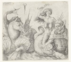 Alte Frau auf dem Rücken eines Tritons neben einem Hippokampus