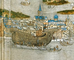 Bau einer Galeere in einer venezianischen Werft, aus Peregrinatio in Terram Sanctam, erstmals 1486 in Latein gedruckt von Jacopo de