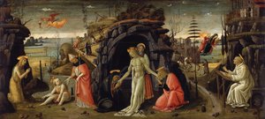 Landschaft mit biblischen Szenen und Szenen aus Heiligenlegenden von Jacopo del Sellaio