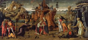 Landschaft mit biblischen Szenen und Szenen aus Heiligenlegenden von Jacopo del Sellaio