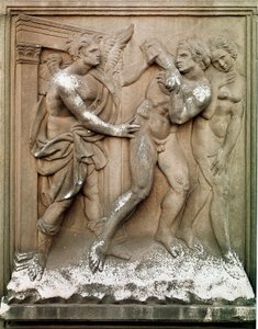Adam und Eva Vertreibung aus dem Paradies. Flachrelief aus Marmor von Jacopo Della Quercia (1374/8-1438) 1430-1435 von Jacopo della Quercia