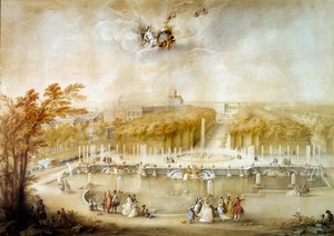 Perspektivische Ansicht der Gärten und Parterres du Nord und des Schlosses von Versailles, vom Neptunbecken aus gesehen von Jacqes Andre Portail