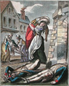 Frauen helfen den Verletzten während der Französischen Revolution, gestochen von Labrousse, ca. 1795