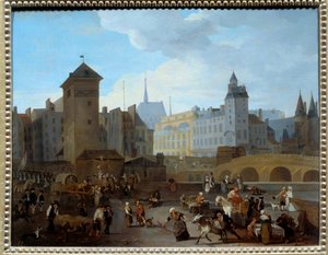 Französische Revolution: Blick auf die Brücke und die Pumpe Notre-Dame in Paris