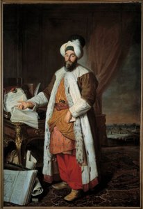 Ganzkörperporträt von Mehemet Said Pasha Bey de Roumelie, Botschafter von Sultan Mahmud I. in Versailles im Jahr 1742. Gemälde von Jacques André Joseph Aved, genannt le Camelot oder Avet le Batave (1702-1766)