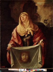 Heilige Veronika. Das heilige Tuch zeigt das Gesicht Christi, dessen Schweiß Veronika während des Aufstiegs nach Golgatha abgewischt haben soll.