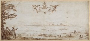 Ansicht von Toul über die Ebene, Landschaft mit Figuren, der Himmel mit den Armen der Porcellets