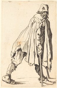 Bettler mit Krücken und Mütze